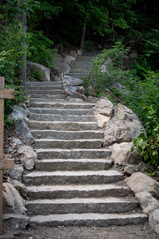 A flight of rough-cut granite steps climbing between set boulders into summer woodland at the Breakneck Ridge trailhead, greenery closing in on both sides and a timber post at the bottom edge of the frame.