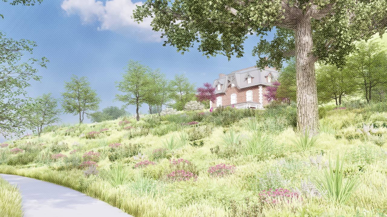 Artist's rendering of the proposed Dutchess Manor visitor centre: the existing pink-and-white manor house sits on a rise above a meadow of long grass and flowering perennials, with a mature tree in the foreground and a pale path curving up through the planting toward the building.