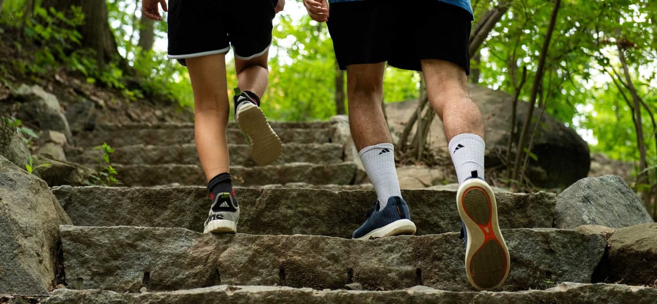 Close view of the legs and trainers of two people climbing a flight of rough stone steps set into a wooded slope on Breakneck Ridge.