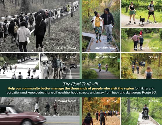 A page from an HHFT mailer laid out as a contact sheet of thirteen small photographs of hikers, crowded roadsides and trail scenes, each frame carrying the photographer's name printed in its corner — Meredith Heuer, Ty Cole, SCAPE studio and others.