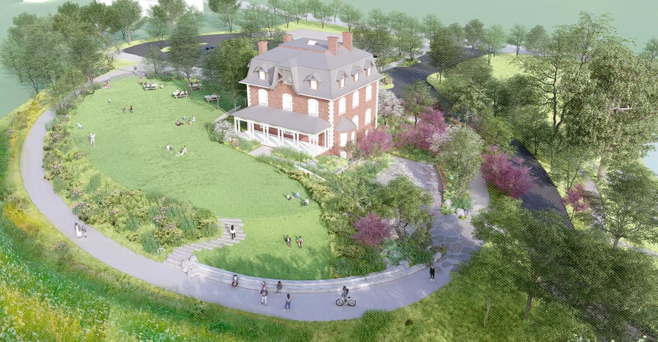 Artist's rendering looking down on the proposed Dutchess Manor site: the manor house on its bluff with an oval lawn beside it, a looping path circling the lawn with walkers and cyclists on it, and flowering trees around the edge.
