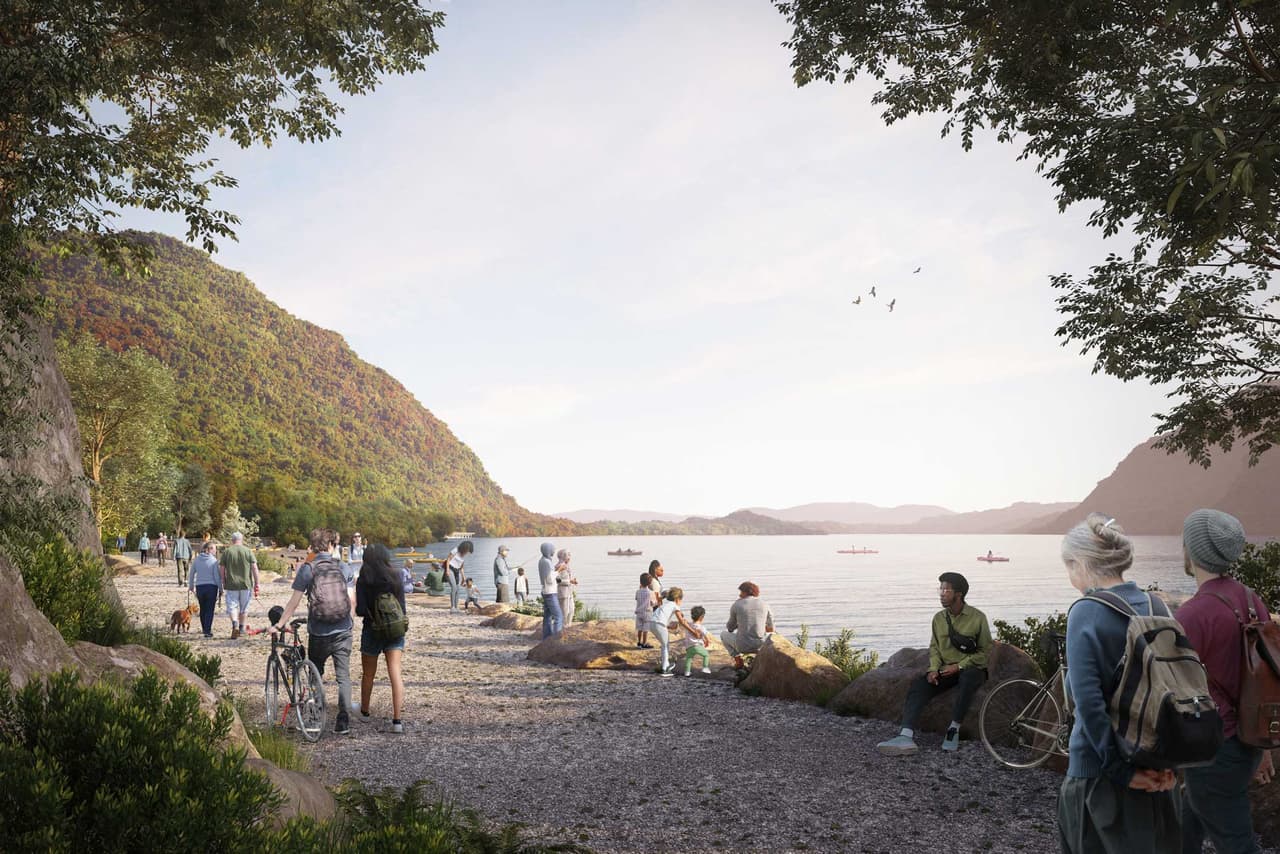 Artist's rendering of people on a shingle shore beside the proposed trail at dusk: walkers, a cyclist wheeling a bike, and people sitting on the stones, with the Hudson and a steep headland catching the last light behind.