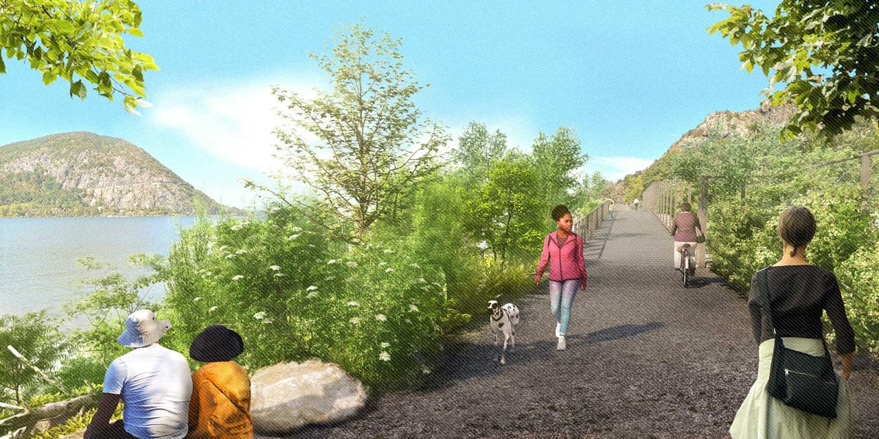 Artist's rendering of a gravel-surfaced stretch of the proposed shoreline trail. Three people sit on boulders at the water's edge on the left; a walker with a dog and a cyclist come along the path from the right; a rounded mountain rises across the river under a bright sky.