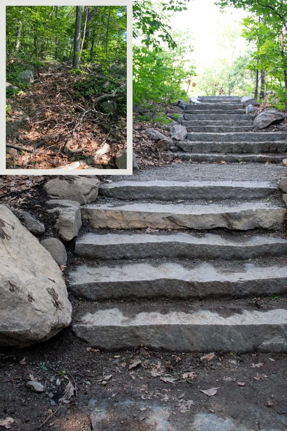 Two frames of trail work on the same wooded slope: the main photograph shows a rebuilt stone staircase of rough granite steps edged with boulders; an inset at the top left shows the informal path it replaces, closed off with cut branches and leaf litter so the slope can regrow.